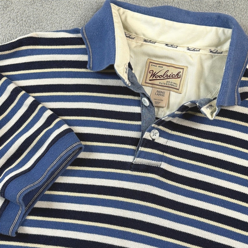 Vintage Woolrich Mens Blue Striped Cotton Polo Shirt Short Sleeve Size Large